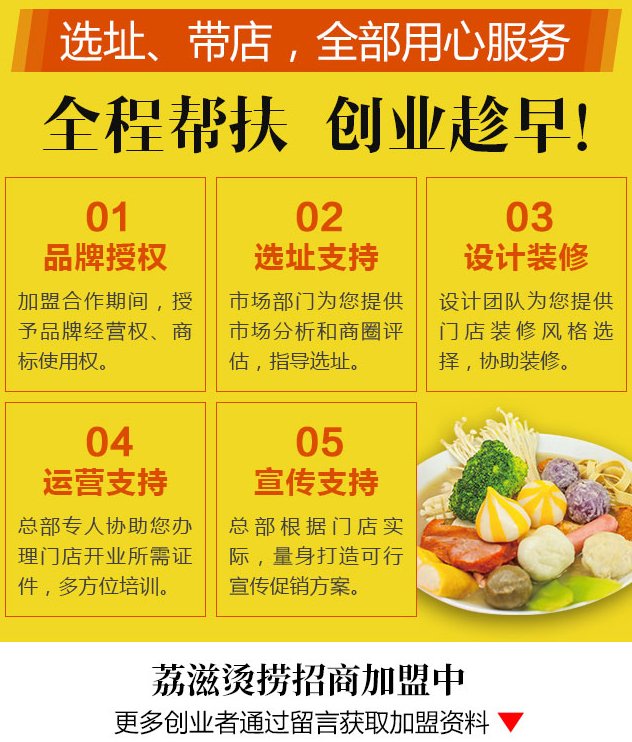 荔滋燙撈加盟，選址，帶店，全部用心服務(wù)，品牌授權(quán)，選址支持，設(shè)計(jì)裝修，運(yùn)營(yíng)支持，宣傳支持